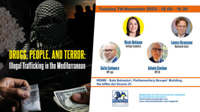 The conference "Drugs, people, and terror: Illegal traffickings in the Mediterranean", sponsored by the Machiavelli Center for Political and Strategic Studies in Rome, Chamber of Deputies, 7th Nov. 2023