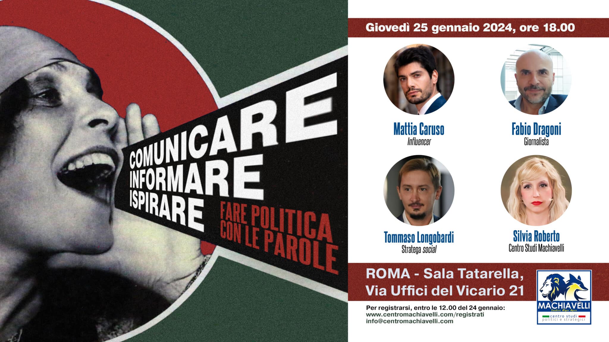 locandina di "Comunicare, informare, ispirare. Fare politica con le parole". Convegno 25 gennaio 2024, Centro Studi Politici e Strategici Machiavelli